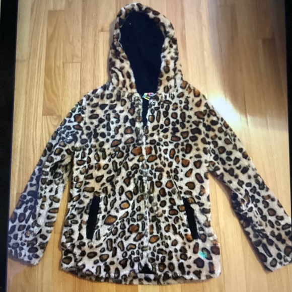 Girl Leopard Winter Jacket Coat Size M Hood Soft Plush